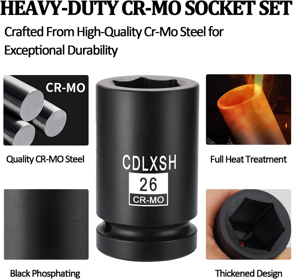 3/4' Drive Impact Socket Set, 21 Pcs Heavy Duty Large Socket Set, Cr-Mo Steel, Standard 6-Point Metric Sockets (19mm-50mm), Includes Ratchet Wrench, Extension Bar, T Sliding Bar and Dedicated Case