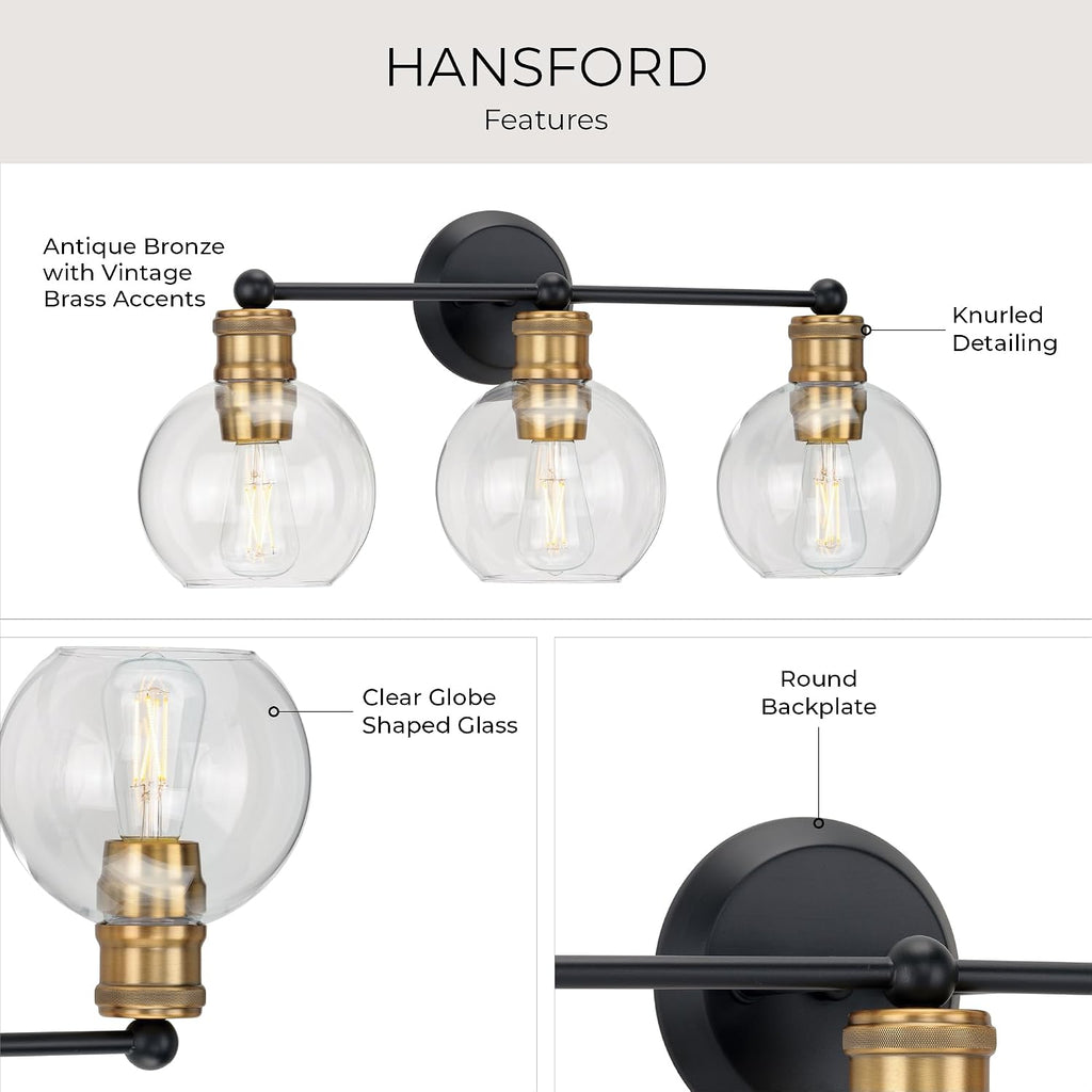 Hansford Collection 3-Light Clear Glass Coastal Bath Vanity Light Antique Bronze