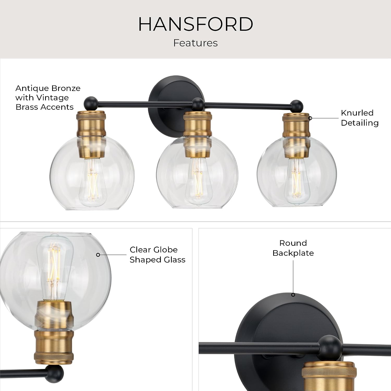 Hansford Collection 3-Light Clear Glass Coastal Bath Vanity Light Antique Bronze