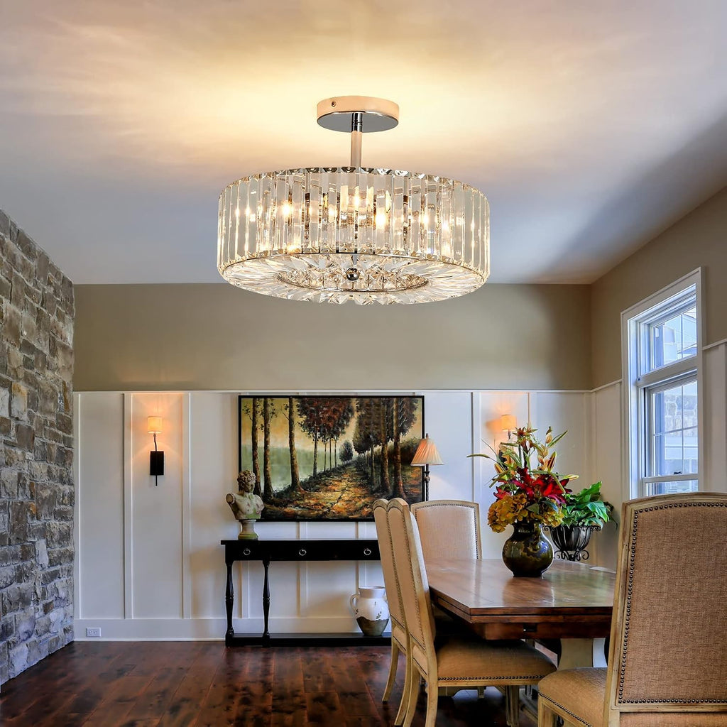 Piepooye 4 Lights Modern Crystal Chandelier Chrome Round Semi Flush Mount Ceiling Light Fixture Farmhouse Chandelier for Dinning Room Living Room Bedroom Hallway Entryway Kitchen