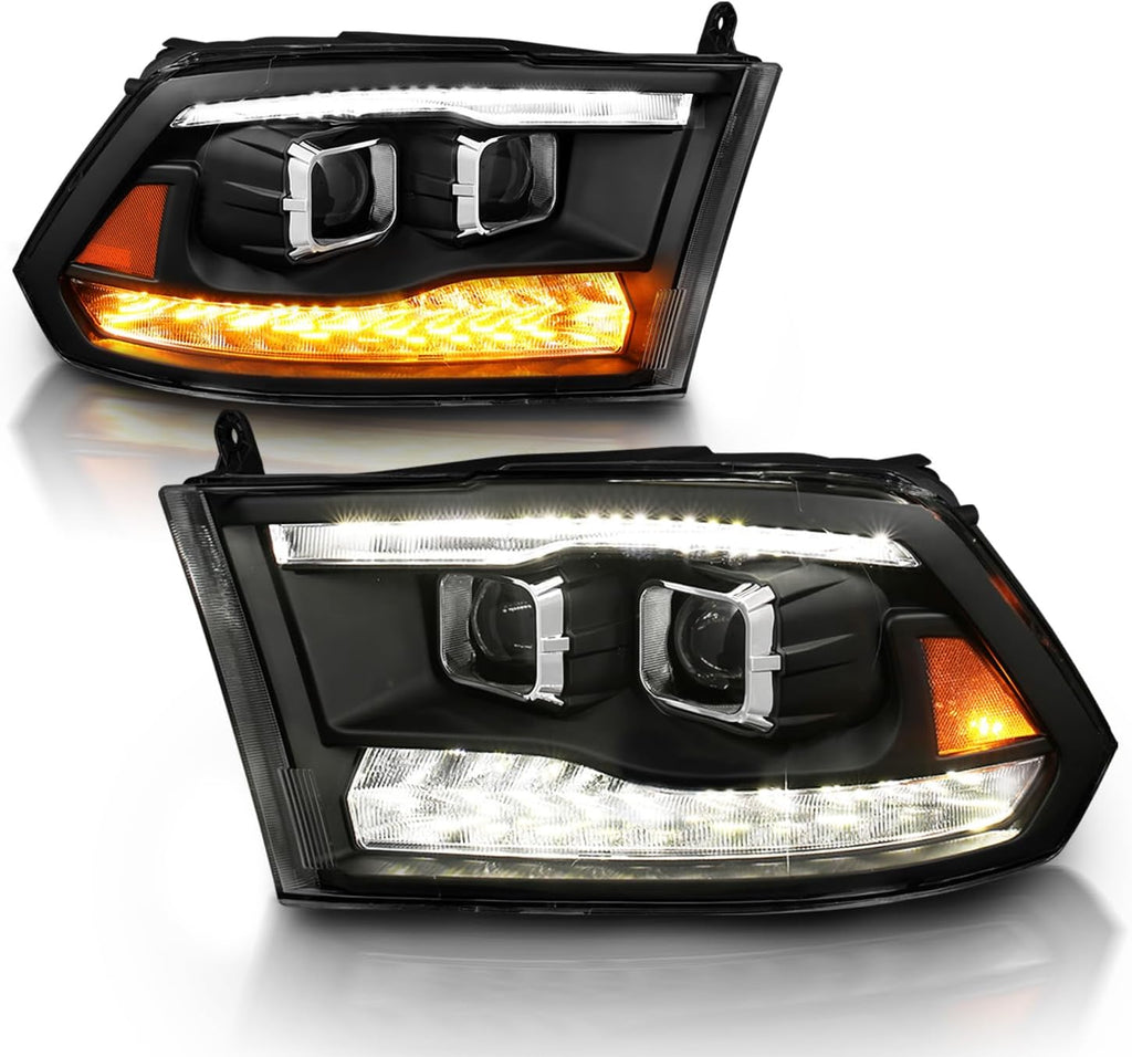 AmeriLite for 2009-2018 Dodge Ram 1500 2500 3500 [BOTH Model] Upgraded Projector Switchback LED Tube Black Headlights Assembly Pair - Passenger and Driver Side