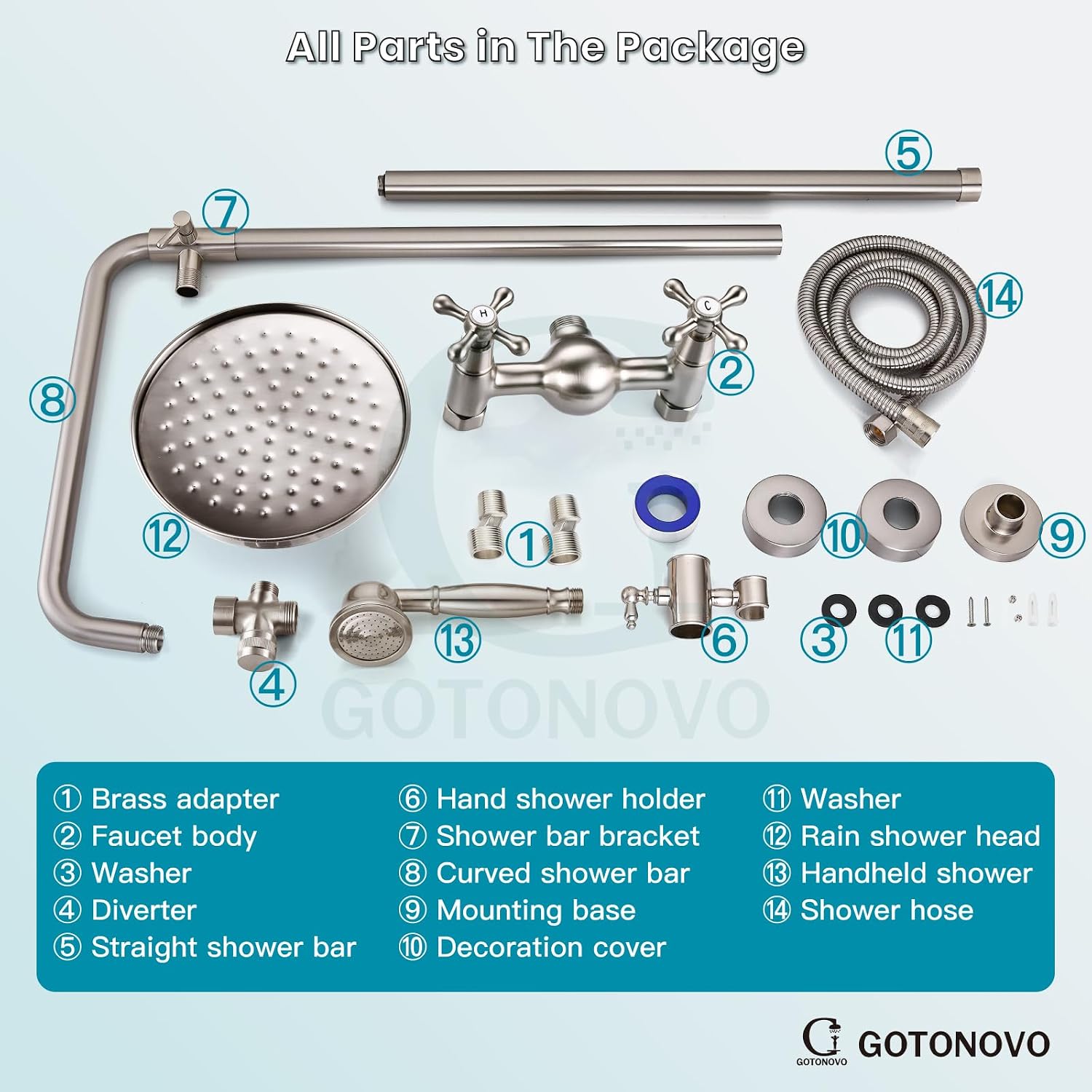 gotonovo Bathroom Exposed Shower Fixtures 8 Inch Rain Showerhead Double Cross Handles 2 Function Wall Mount Shower Faucet Set, Brass Handheld Spray, Brushed Nickel