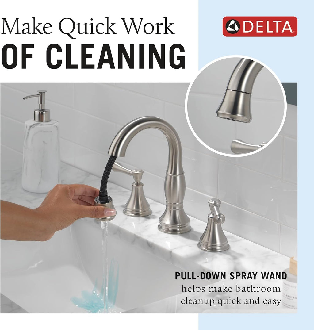 Delta Faucet Cassidy Pull Down Bathroom Faucet, Bathroom Pull Out Faucet, Brushed Nickel Widespread Bathroom Faucet 3 Hole, Bathroom Sink Faucet with Magnetic Docking, Stainless 3597-SSPD-DST