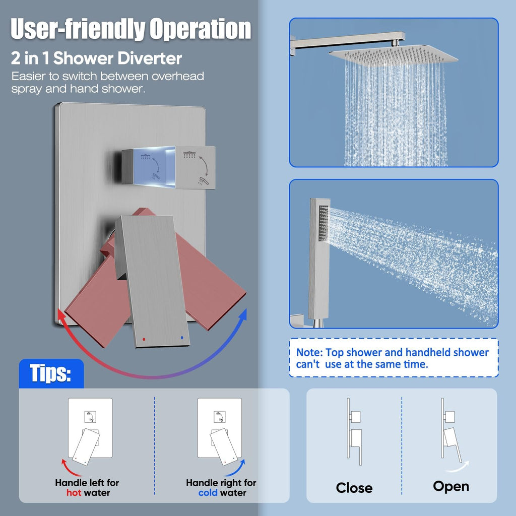 Gabrylly Shower System Brushed Nickel, Rain Shower head with handheld Shower Spray Combo, Rainfall Shower Faucet Set Complete, High Pressure 10' Stainless Steel Shower Valve Set