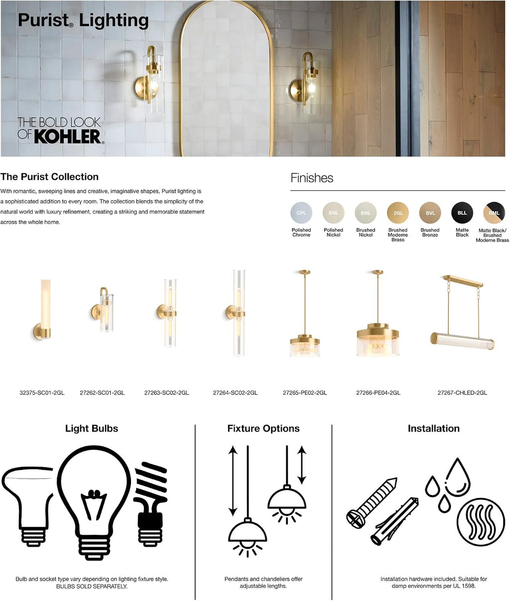 Kohler 32375-SC01-AFL Purist 17 in. One-Light Sconce, French Gold