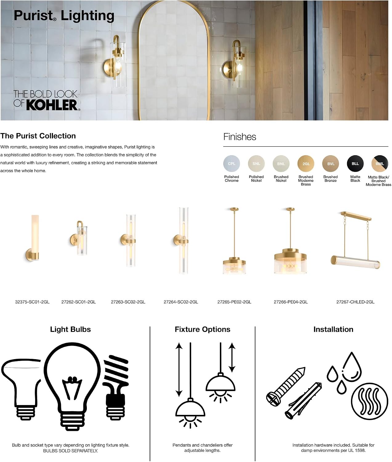 Kohler 32375-SC01-AFL Purist 17 in. One-Light Sconce, French Gold