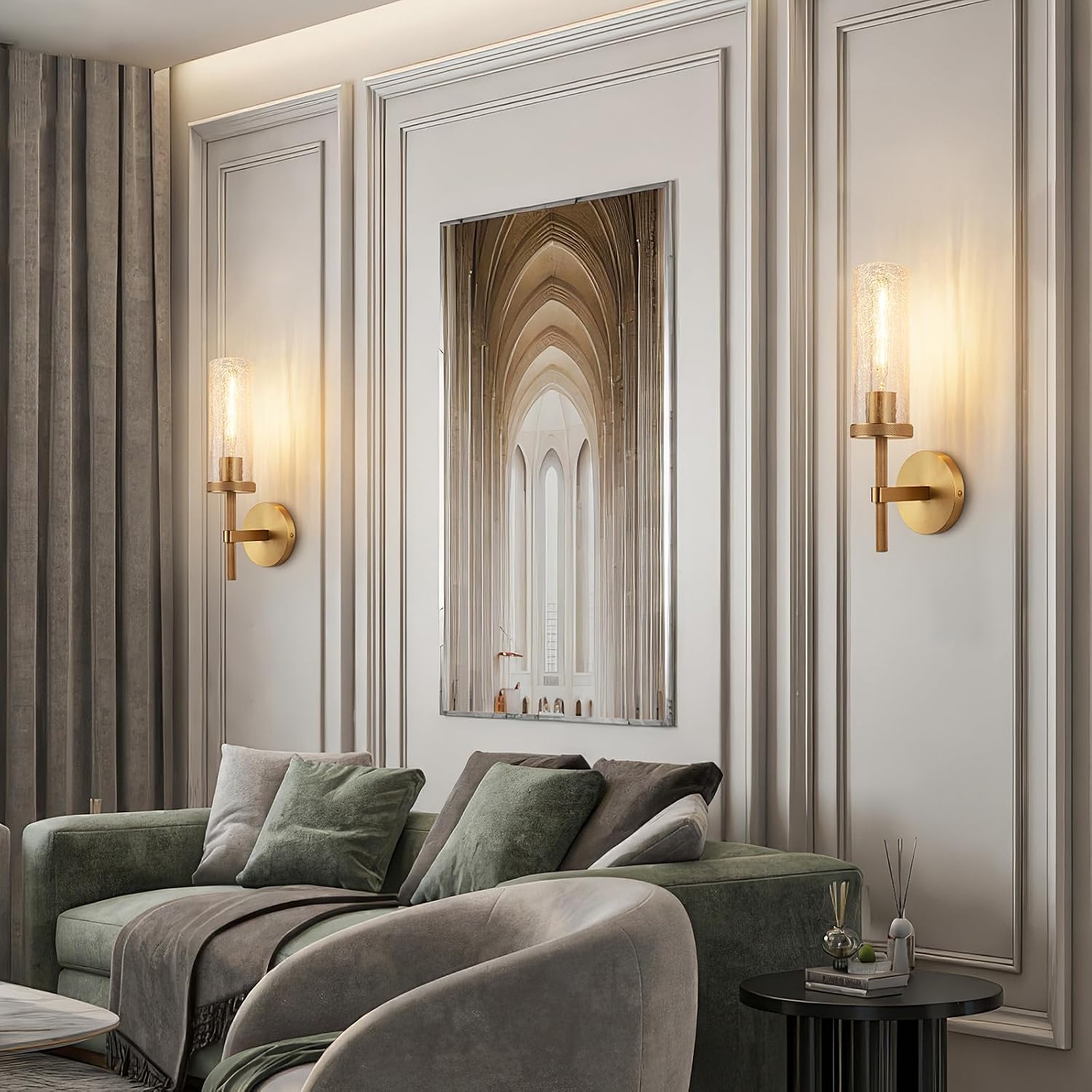 15' Knurled Brass Wall Sconce with Crackle Glass Tube, Gold Bathroom Vanity Light Fixtures, Modern Lamp Lighting for Bedroom, Living Room, Hallway, Staircase, Mirror, Kitchen