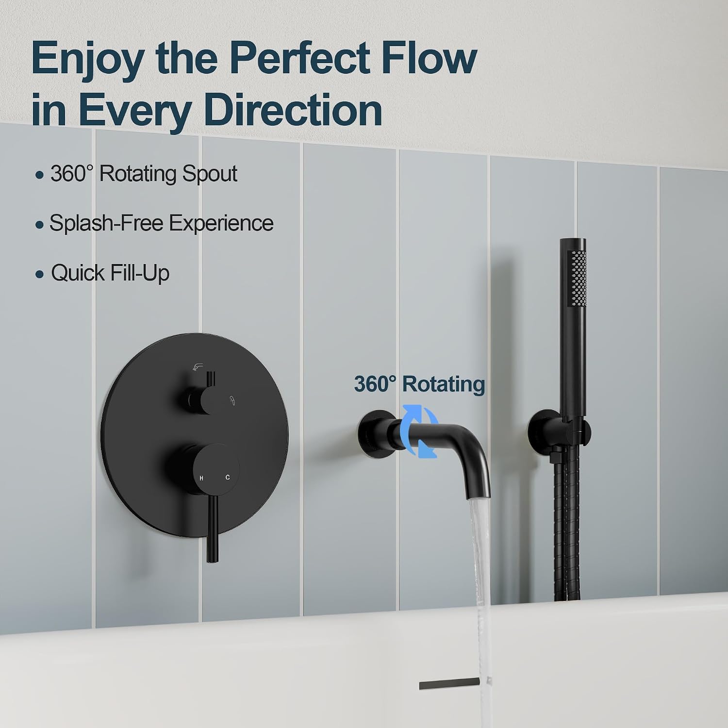 Matte Black Wall Mount Bathtub Faucet with Handheld Shower, High Flow Tub Filler, Solid Brass Rough-in Valve Included, Single Handle Bathroom Fixture