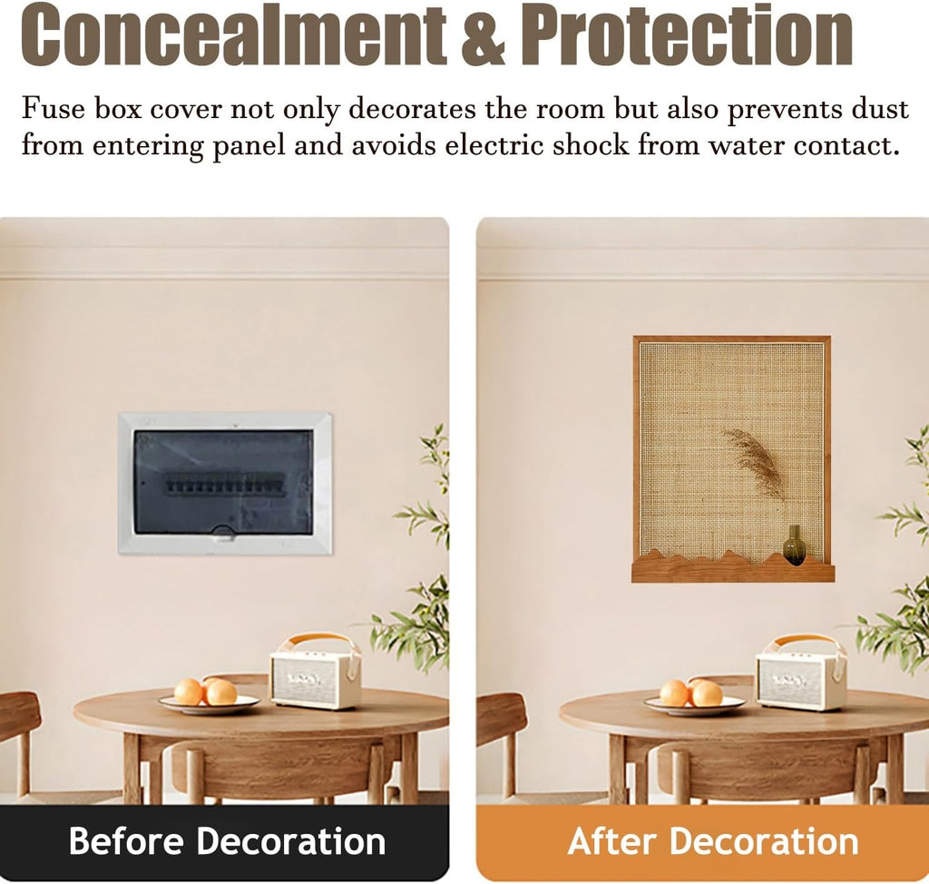 Electrical Panel Cover Wooden Frame Electric Panel Cover, Fuse Box Cover with Rattan Mesh & Shelf, Breaker Box Cover Suspension Mounting, Living Room/ Farmhouse Decor(WXL-45 x 55CM-17 3/4 x 21 5/8')