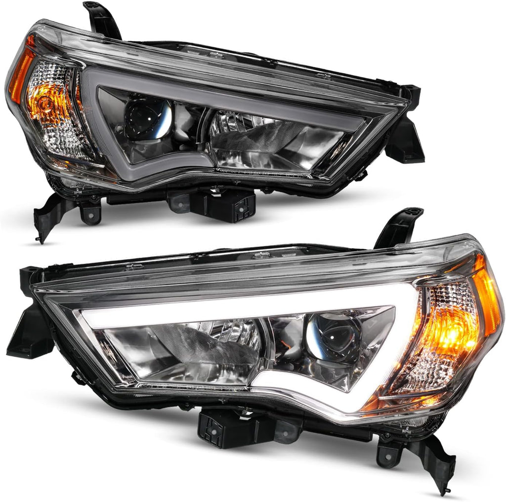 AmeriLite for 2014-2023 Toyota 4Runner LED Tube Square Projector Gun-Metal Headlights Assembly Set - Passenger and Driver Side