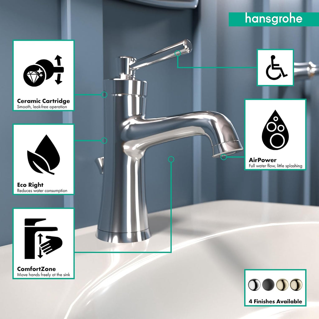 hansgrohe Joleena Transitional 1-Handle 1 8-inch Tall Bathroom Sink Faucet in Chrome, 04773000