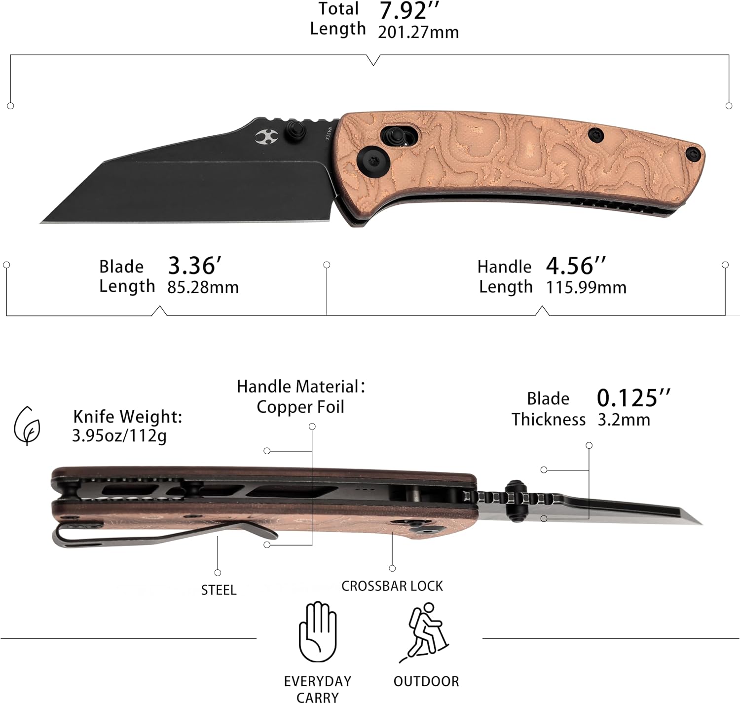 KANSEPT Elite Main Street Pocket Knife, 3.36''Blackwash CPM S35VN Tanto Blade, Pure Copper + G10 Handle with Axis Lock and Thumb Stud,Clip for EDC, Men Gift Camping Survival Folding knives K1015V2