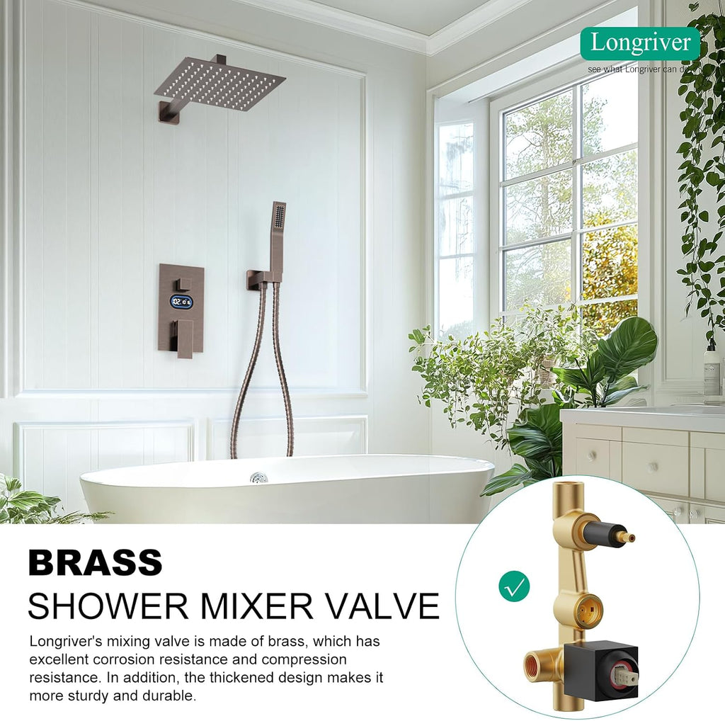 Longriver Shower Faucet Set with Hydro Power Temperature Display, Shower System 10 Inch Shower Head with Handheld Spray, Wall Mounted Shower Fixtures with Shower Valve and Trim Kit, Oil Rubbed Bronze