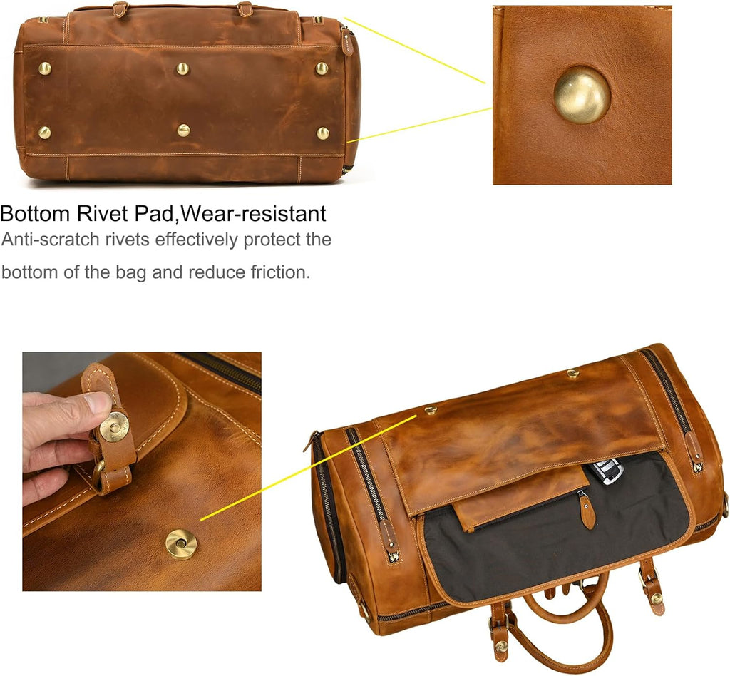 LUUFAN Full-grain Genuine Leather Travel Bag Large Capacity Duffel Luggage Bag with Shoe Compartment, Men Women Shoulder Bag for Weekend Holiday Business Trip, Light Brown