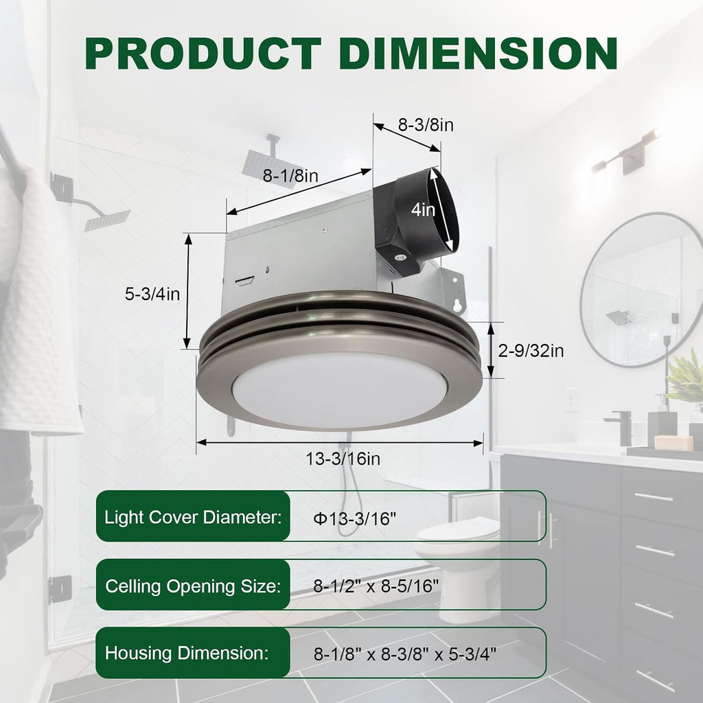 Akicon Bathroom Exhaust Fan with Shower Light, 80 CFM 2.0 Sones Round Bathroom Fan Light Combo, Dimmable 3CCT LED Lights Vent Fans with Acrylic Cover for Shower Room, Home (Brushed Nickel)