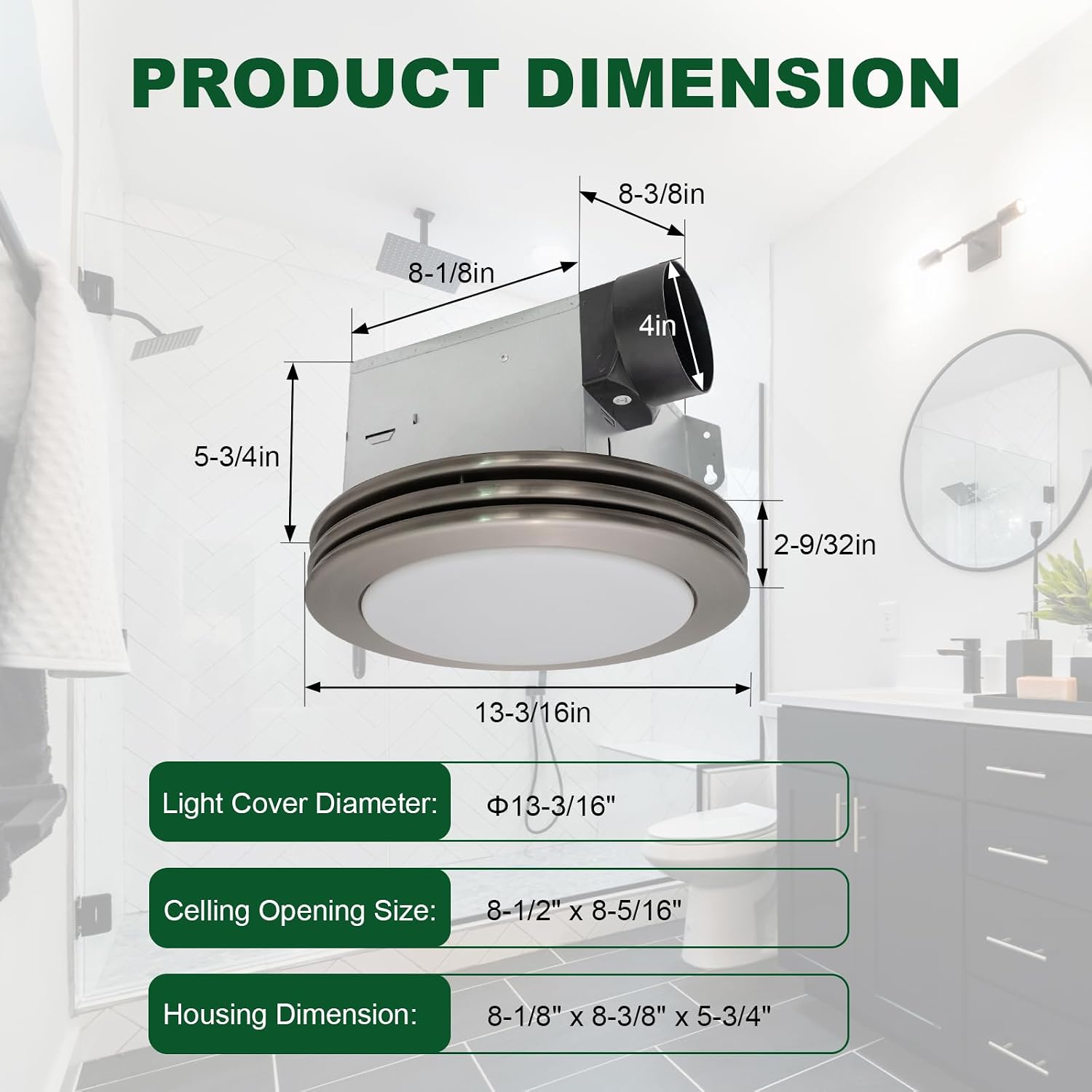 Akicon Bathroom Exhaust Fan with Shower Light, 80 CFM 2.0 Sones Round Bathroom Fan Light Combo, Dimmable 3CCT LED Lights Vent Fans with Acrylic Cover for Shower Room, Home (Brushed Nickel)
