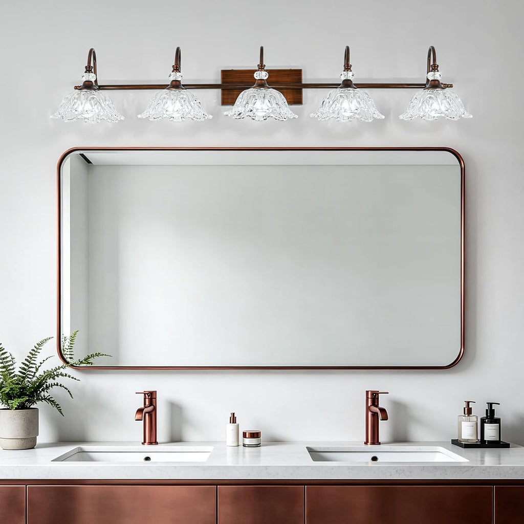 5-Light Antique Red Bronze Finish Bathroom Vanity Light, Vintage Vanity Light with Floral Clear Glass Shades, Retro Wall Mount Lighting for Bathroom, Dressing Table