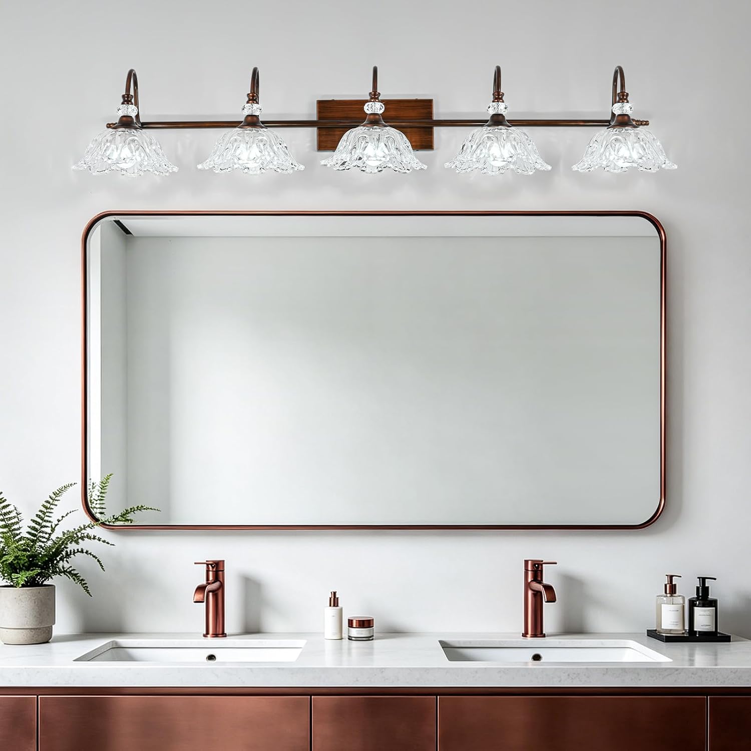 5-Light Antique Red Bronze Finish Bathroom Vanity Light, Vintage Vanity Light with Floral Clear Glass Shades, Retro Wall Mount Lighting for Bathroom, Dressing Table