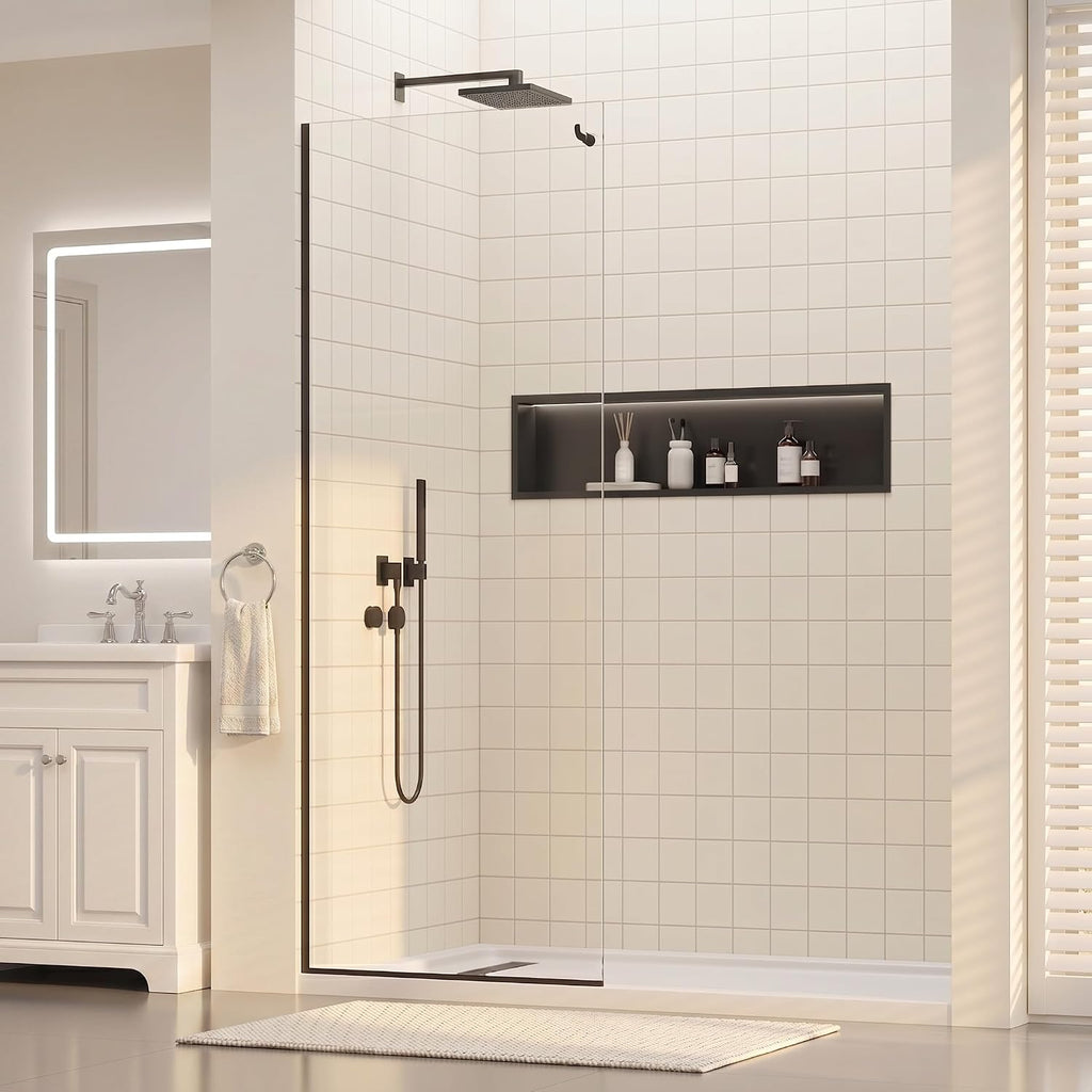 36' W x 76' H Frameless Shower Glass Panel, 3/8' w/Coat Hook, Matte Black | Fixed Shower Screen;Coat Hook;SGCC Tempered Glass;Easy Clean Coating;Aluminum