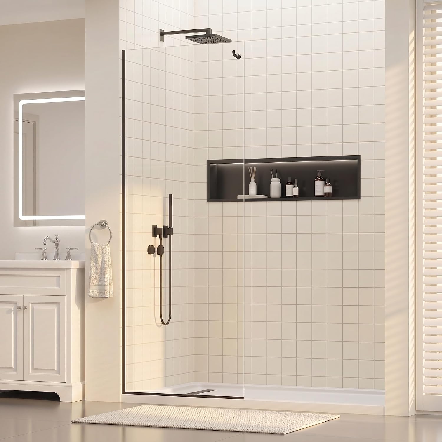 36' W x 76' H Frameless Shower Glass Panel, 3/8' w/Coat Hook, Matte Black | Fixed Shower Screen;Coat Hook;SGCC Tempered Glass;Easy Clean Coating;Aluminum