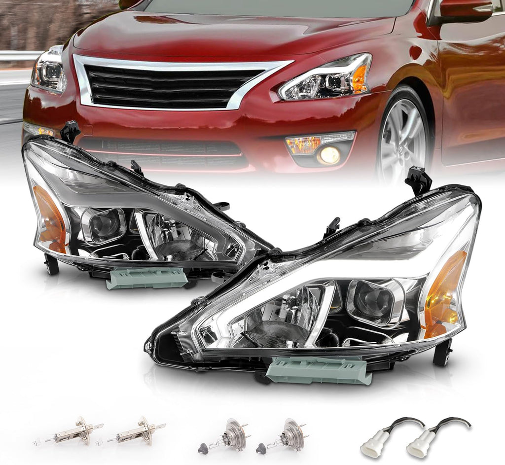 AmeriLite for 2013-2015 Nissan Altima 4 Door Sedan LED Tube Chrome Square Projector Headlights Set - Passenger and Driver Side