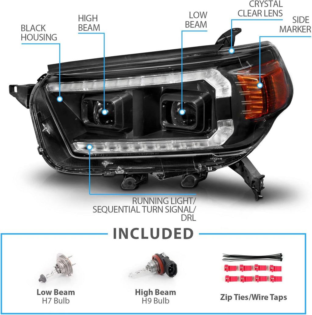 AmeriLite for 2010-2013 Toyota 4Runner Switchback LED DRL Sequntial Turn Signal Dual Projector Black Headlight Set - Driver and Passenger Side