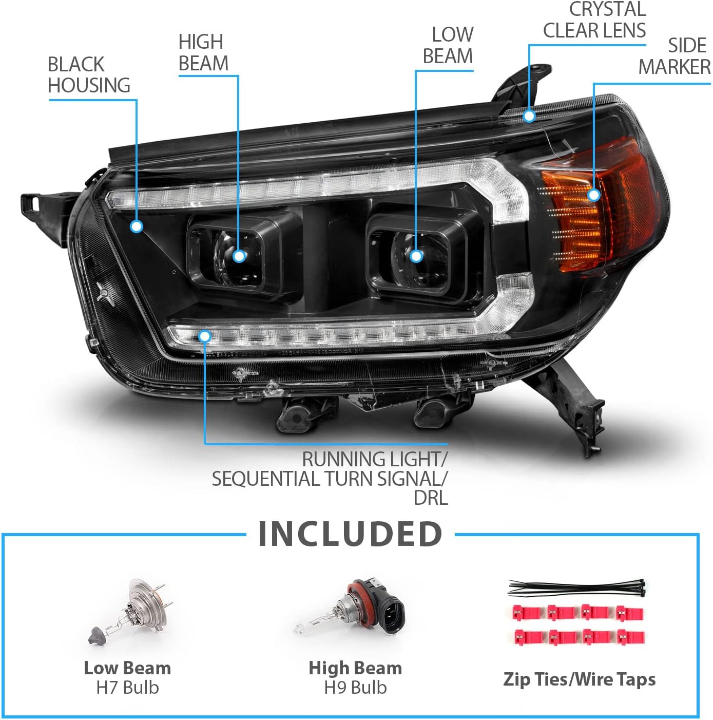 AmeriLite for 2010-2013 Toyota 4Runner Switchback LED DRL Sequntial Turn Signal Dual Projector Black Headlight Set - Driver and Passenger Side