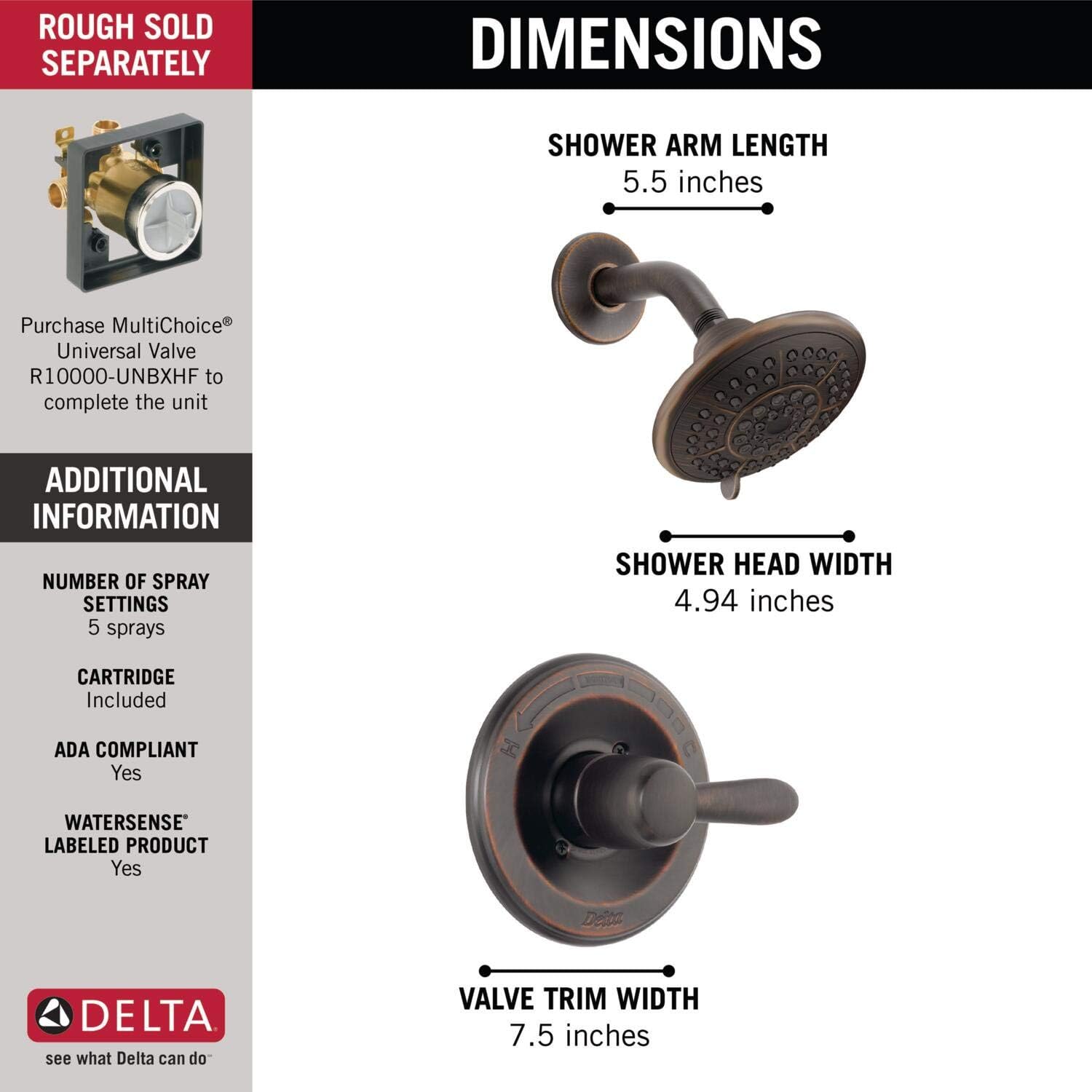 Delta Lahara 14 Series 5-Setting Shower Faucet Set, Oil Rubbed Bronze Shower Head and Handle Set, Valve Trim Kit, Venetian Bronze T14238-RB (Valve Not Included)