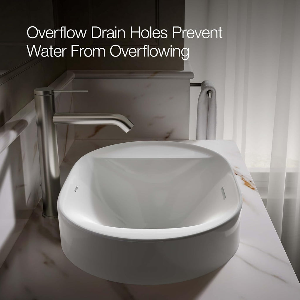 KOHLER 31703-0 Chalice 22-3/4' Oval Vessel Bathroom Sink Bowl with Storage Deck, Above Counter Vanity Sink Basin, with Overflow, No Faucet Holes, White