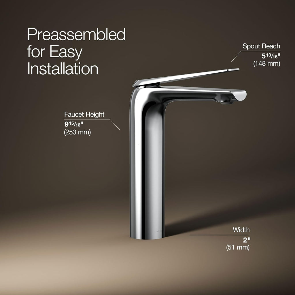 Kohler 97347-4-CP Avid® Tall Single-Handle Bathroom Sink Faucet, 1.2 gpm, Polished Chrome