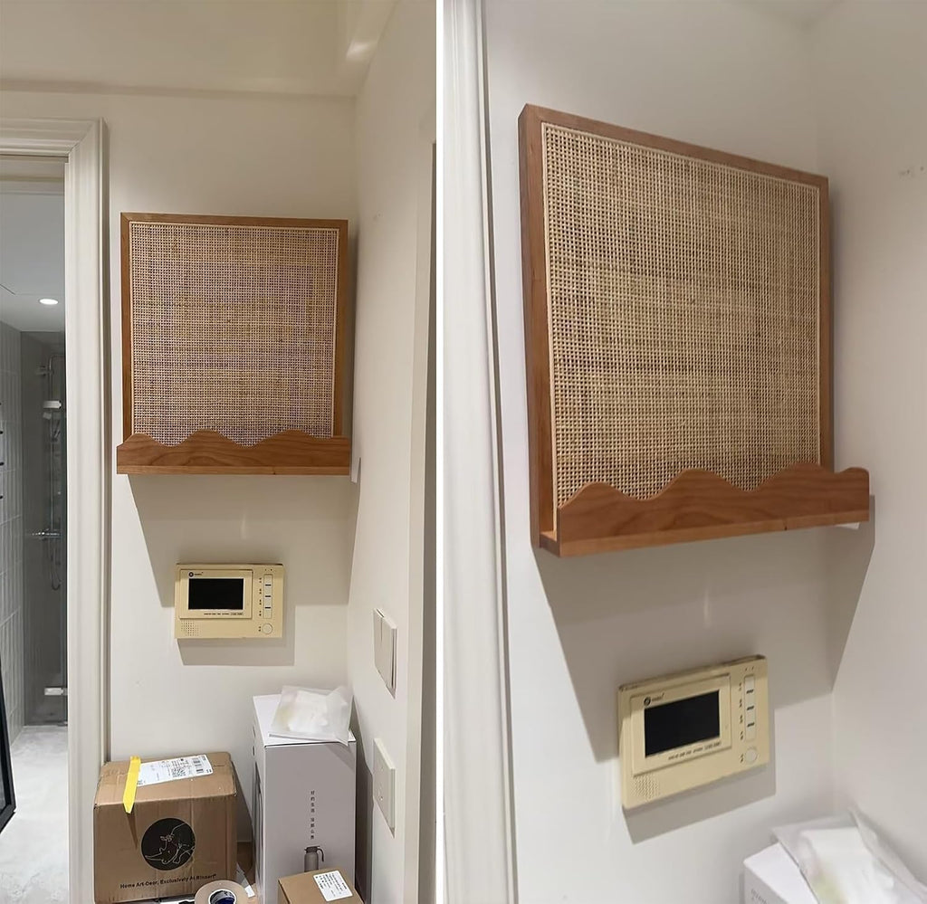 Electrical Panel Cover Wooden Frame Electric Panel Cover, Fuse Box Cover with Rattan Mesh & Shelf, Breaker Box Cover Suspension Mounting, Living Room/ Farmhouse Decor(WXL-35 x 40CM-13 3/4 X 15 3/4')