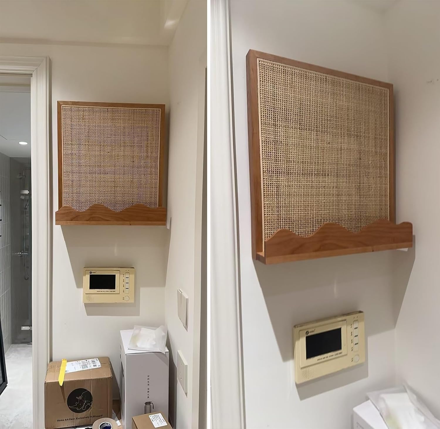 Electrical Panel Cover Wooden Frame Electric Panel Cover, Fuse Box Cover with Rattan Mesh & Shelf, Breaker Box Cover Suspension Mounting, Living Room/ Farmhouse Decor(WXL-35 x 40CM-13 3/4 X 15 3/4')