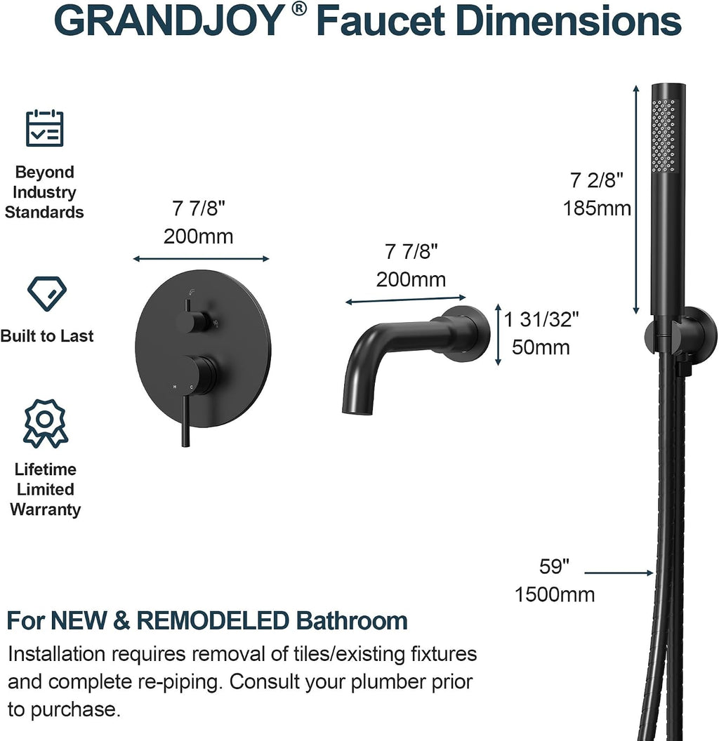 Matte Black Wall Mount Bathtub Faucet with Handheld Shower, High Flow Tub Filler, Solid Brass Rough-in Valve Included, Single Handle Bathroom Fixture