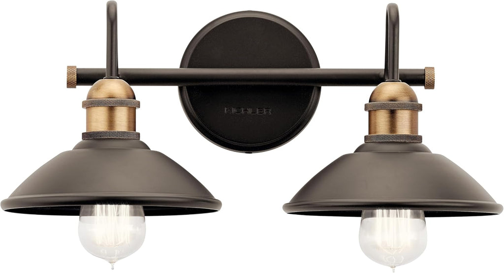 Kichler Clyde 2-Light Bathroom Vanity Light Fixture with Vintage Industrial Design in Olde Bronze, Wall Mount Over Mirror Lighting for Bathroom (7.25' x 17' x 8.25'), 45944OZ