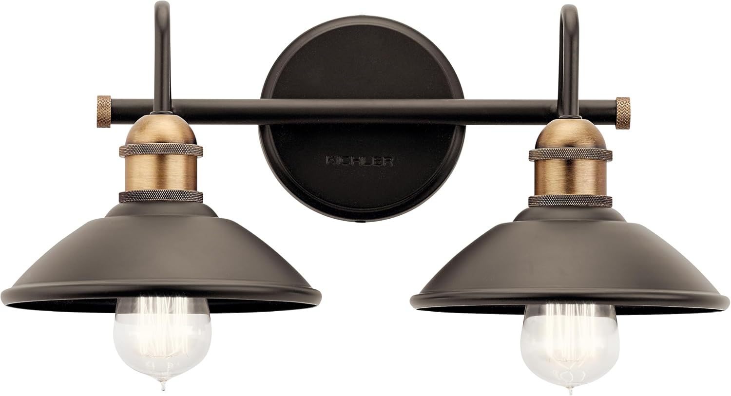 Kichler Clyde 2-Light Bathroom Vanity Light Fixture with Vintage Industrial Design in Olde Bronze, Wall Mount Over Mirror Lighting for Bathroom (7.25' x 17' x 8.25'), 45944OZ