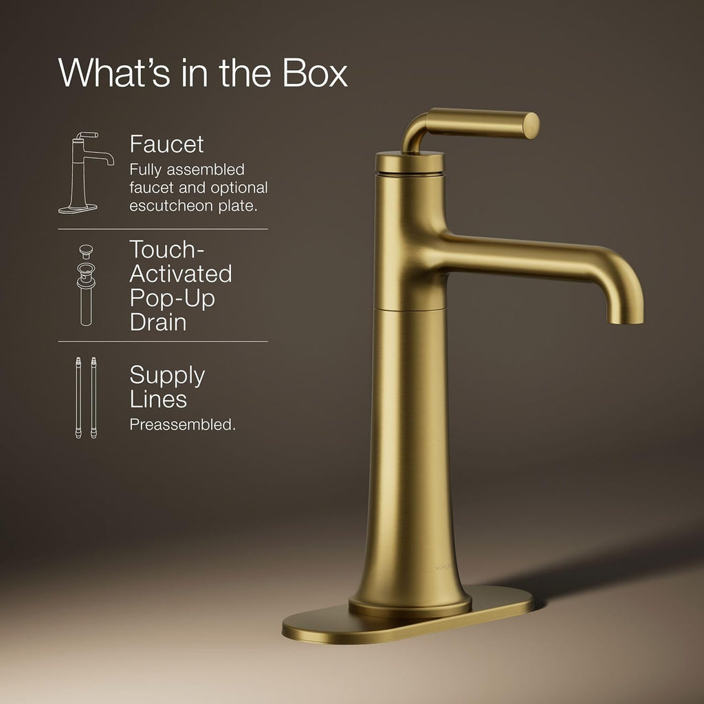 Kohler 26437-4-2MB Tone™ Tall Single-Handle Bathroom Sink Faucet, 1.2 gpm, Vibrant Brushed Moderne Brass