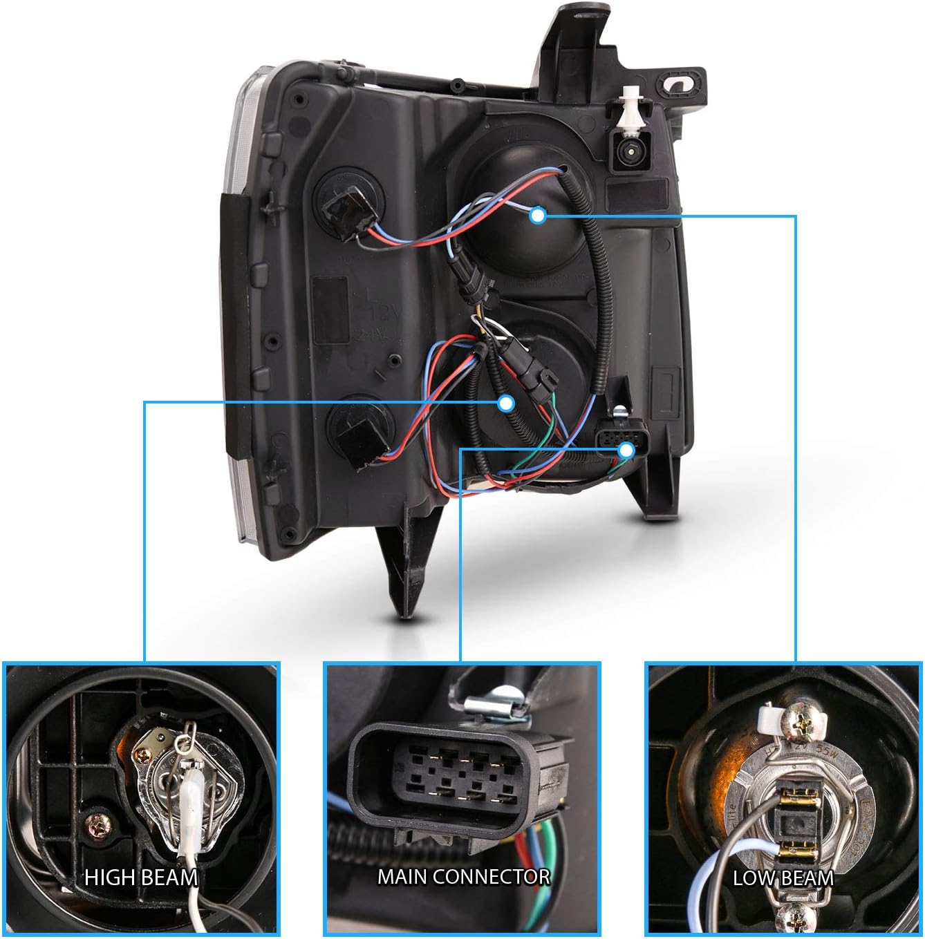 AmeriLite For 2007-2013 Chevy Silverado 1500/07-14 2500HD 3500HD Led, Halogen, Tube Quad Projector Car Headlights Assembly Set - Passenger and Driver Side, Vehicle Light Assembly, Black