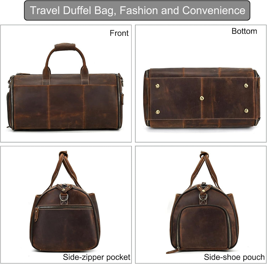 LUUFAN Full-grain Leather Garment Bag Large Capacity Travel Bag Business Suit Carrier Bag with Shoe Compartment, Overnight Gym Sports Duffel Bags for Men Women, Coffee