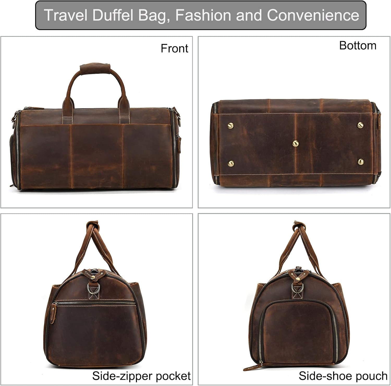 LUUFAN Full-grain Leather Garment Bag Large Capacity Travel Bag Business Suit Carrier Bag with Shoe Compartment, Overnight Gym Sports Duffel Bags for Men Women, Coffee