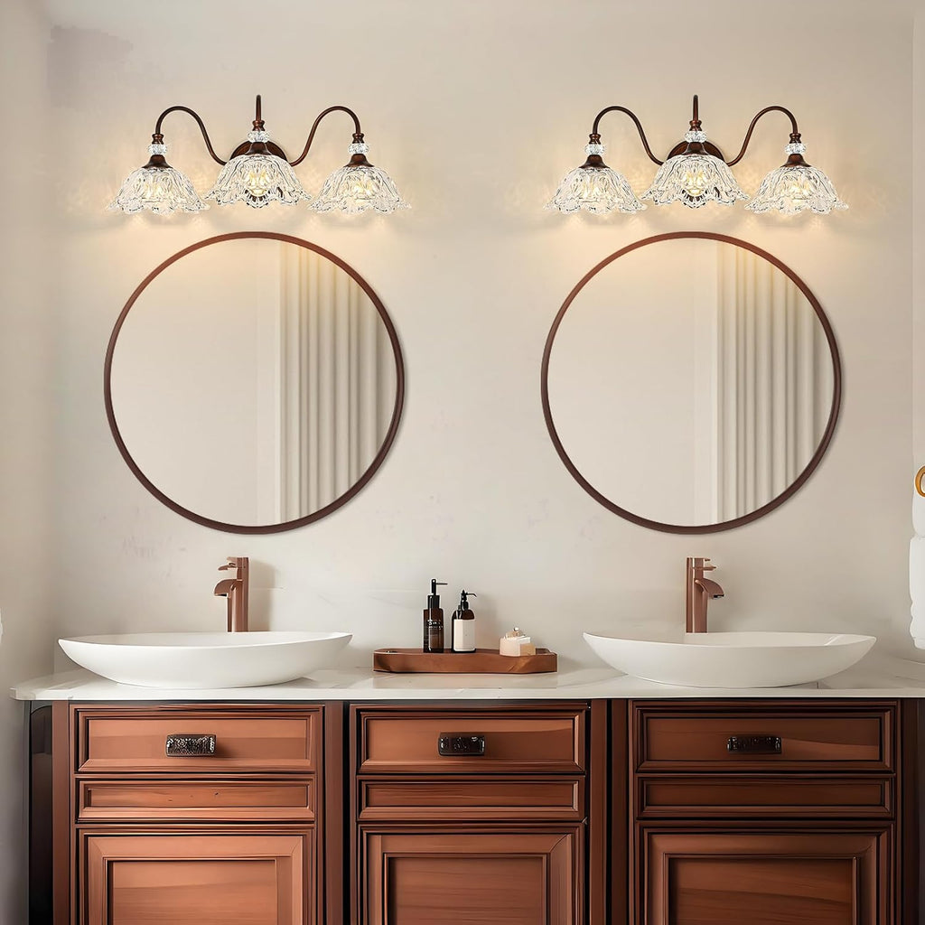 Antique Red Bronze Finish Bathroom Vanity Light, 3-Light Vintage Vanity Light with Floral Clear Glass Shades, Retro Wall Mount Lighting for Bathroom, Dressing Table