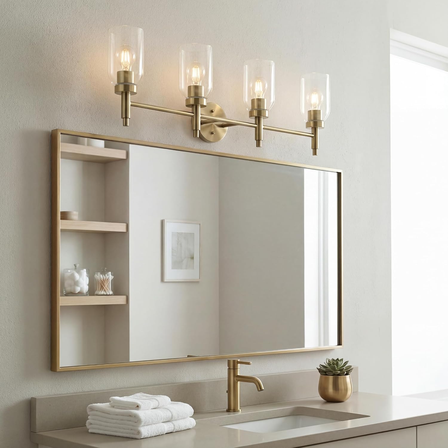 Kichler Madden 4-Light Bathroom Vanity Light Fixture with Clear Glass Shades in Champagne Bronze, Modern Wall Mount for Single or Double Vanity Over Mirror (10.5' x 34'), 55186CPZ