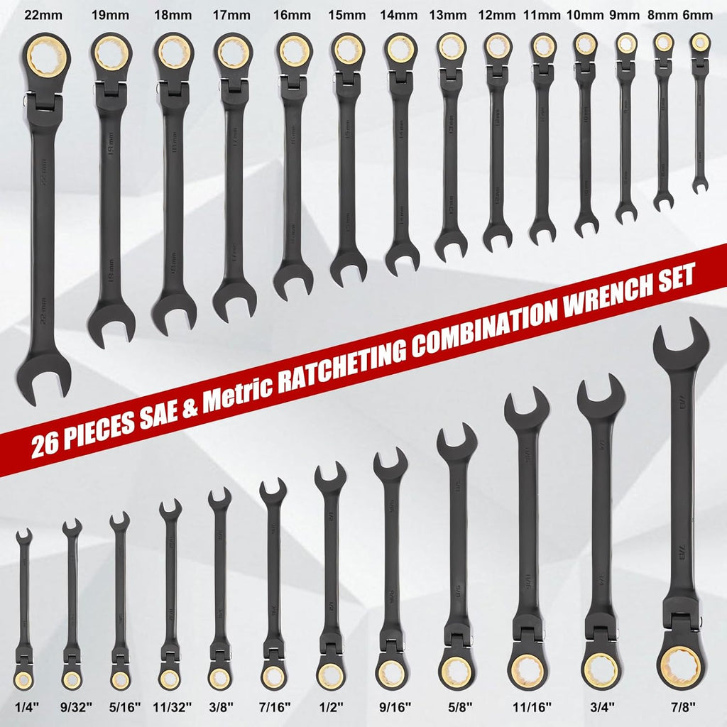 EMENTOL 26 Pieces Flex-Head Ratcheting Wrench Set, Heavy-Duty Combination Wrenches, Metric 6-22mm & SAE 1/4-7/8', 72 Teeth, CR-V Steel, with Organizer Box