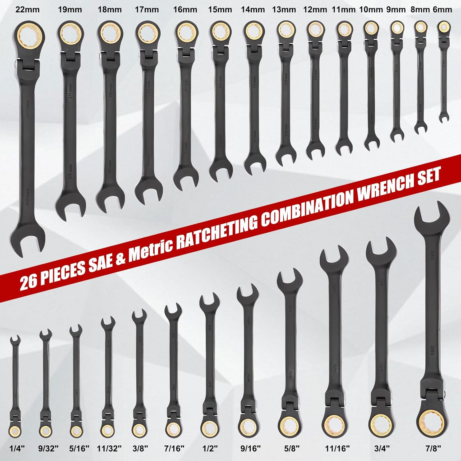 EMENTOL 26 Pieces Flex-Head Ratcheting Wrench Set, Heavy-Duty Combination Wrenches, Metric 6-22mm & SAE 1/4-7/8', 72 Teeth, CR-V Steel, with Organizer Box