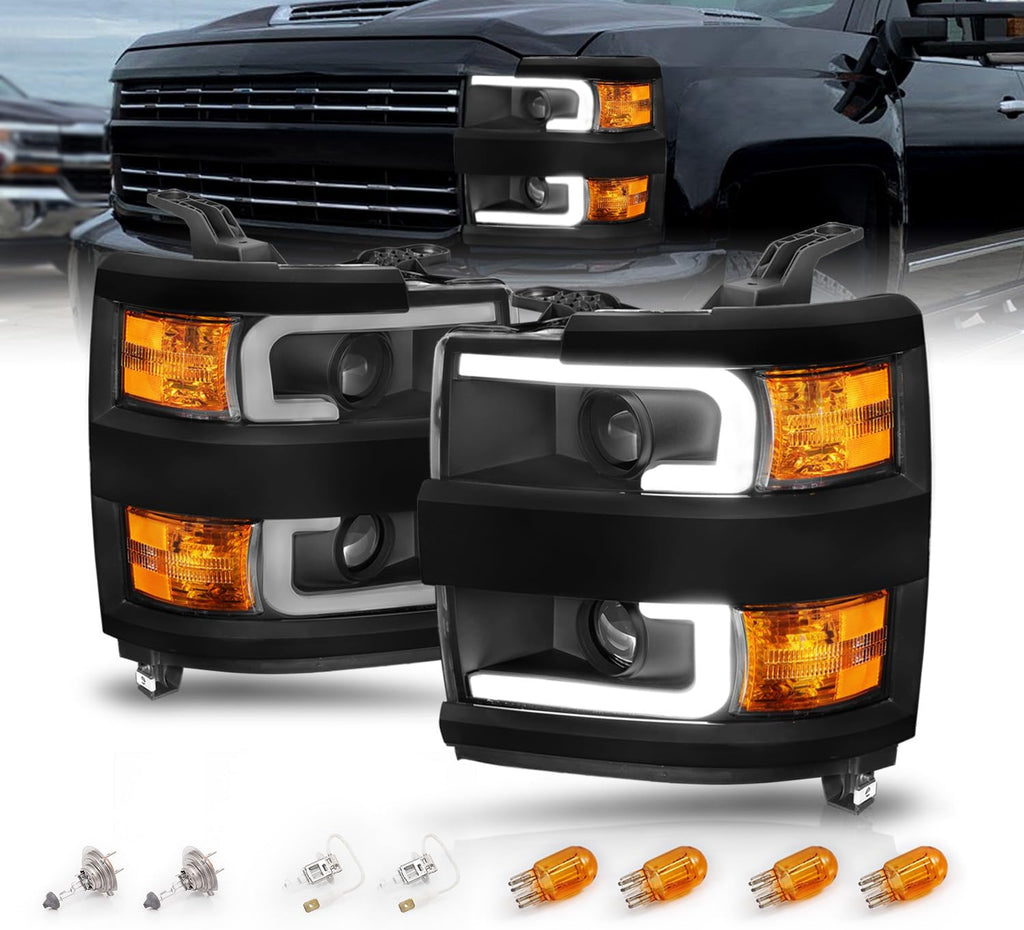 AmeriLite for 2015-2019 Chevy Silverado 2500HD 3500HD Work Truck w/Dual LED Tube All Dark Black Square Projector Replacement Headlights Set - Passenger and Driver Side