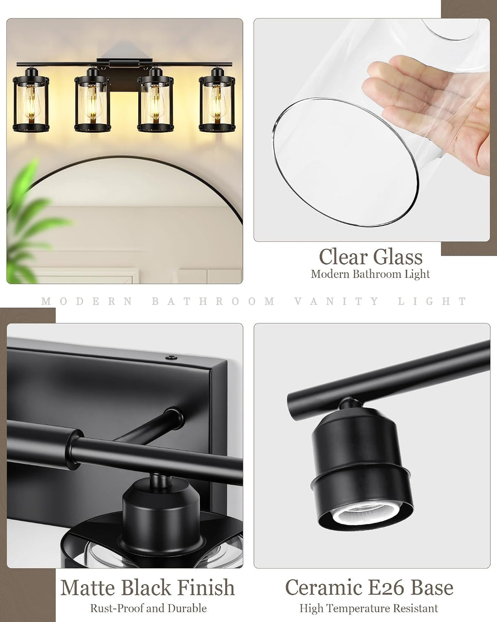 4-Light Black Bathroom Light Fixtures, 29 Inch Modern Bathroom Vanity Lighting Fixtures Over Mirror with Clear Glass and Metal Cage Wall Sconce Lights for Bath, E26, OS-3014BK-4W