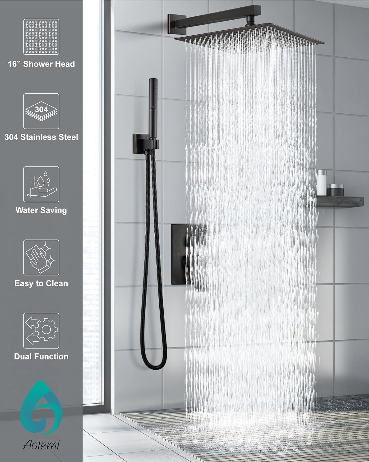 Aolemi Shower Faucet Set, High Pressure Shower System with 2-in-1 Handheld Sprayer, Wall Mount Fixture Combo with Rough-in Valve, 16 Inch Shower Head, Oil Rubbed Bronze