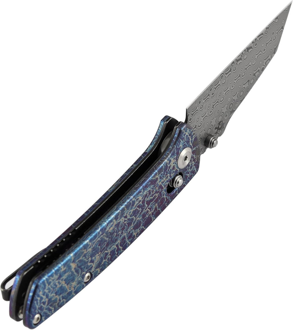 KANSEPT Elite Main Street Pocket Knife, 3.36'' Damascus Tanto Blade, Titanium with Lightning Strike Finish Handle with Thumb Stud,Clip for EDC, Men Gift Camping Survival Folding knives K1015V6
