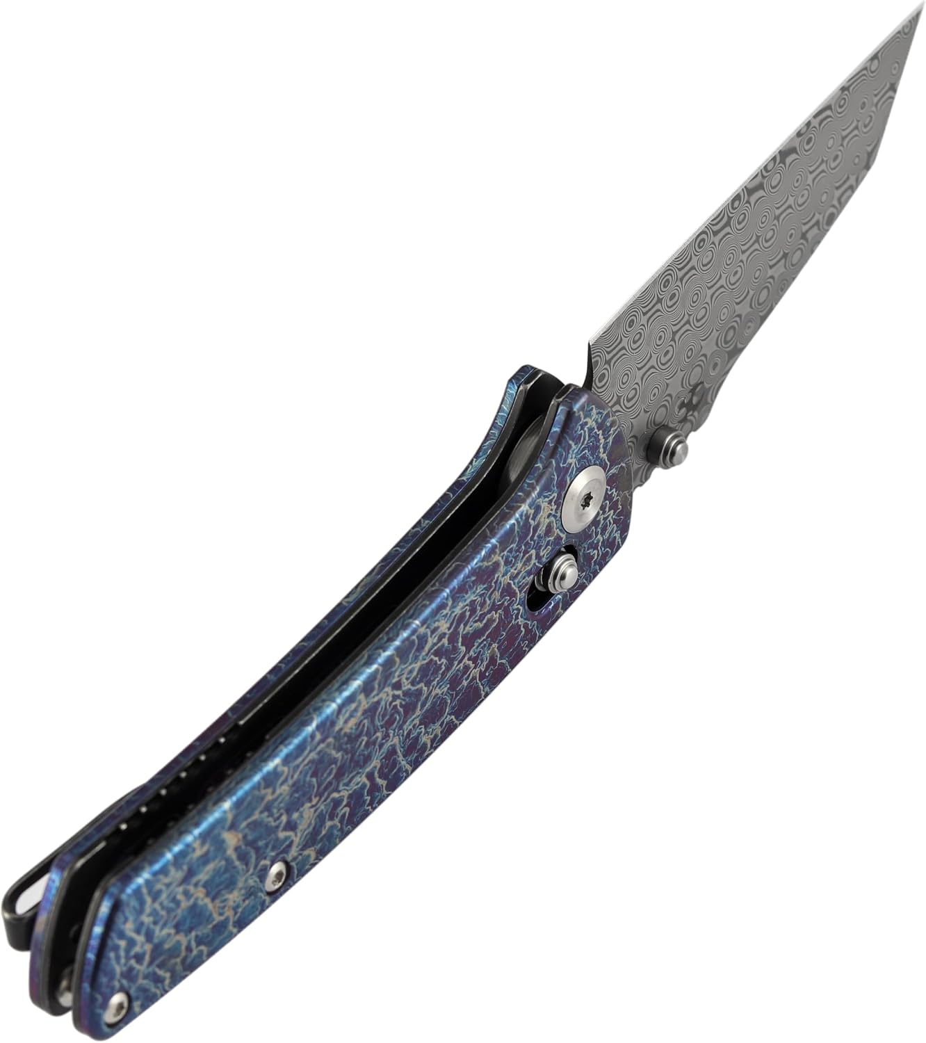 KANSEPT Elite Main Street Pocket Knife, 3.36'' Damascus Tanto Blade, Titanium with Lightning Strike Finish Handle with Thumb Stud,Clip for EDC, Men Gift Camping Survival Folding knives K1015V6