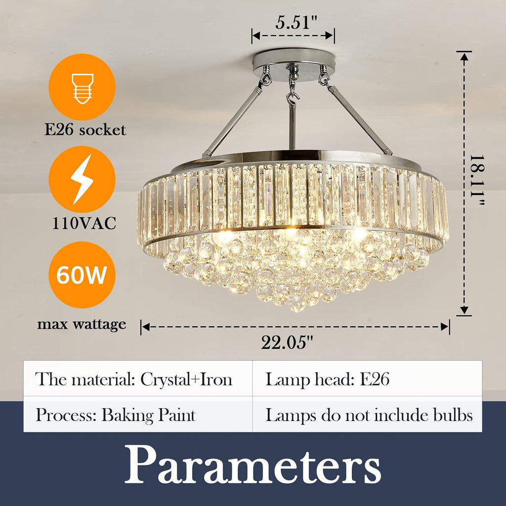 YYJLX 6 Light Modern Large Round Crystal Chandelier Chrome Semi Flush Mount Ceiling Light Fixtures E26 Ceiling Lamp for Dining Room Living Room Laundry Room Foyer Kitchen Balcony Bedroom(Silver).