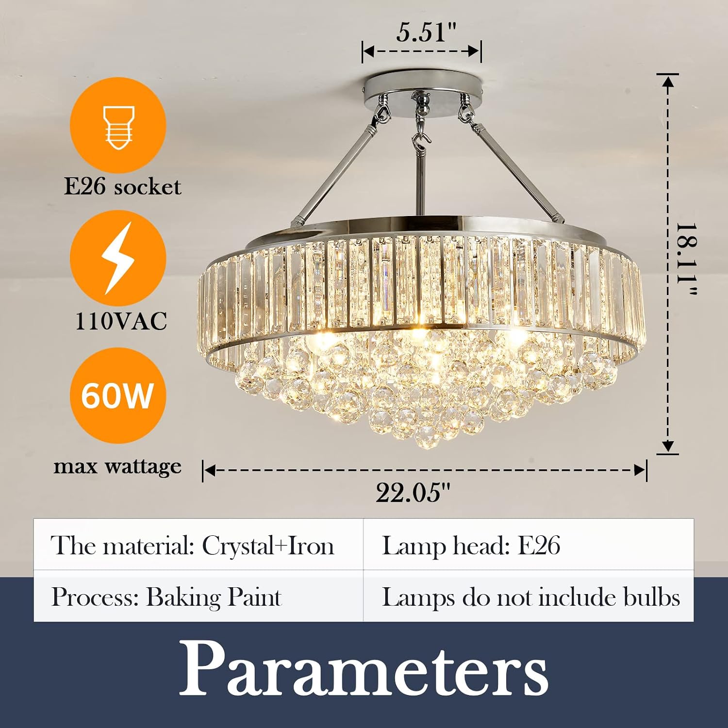 YYJLX 6 Light Modern Large Round Crystal Chandelier Chrome Semi Flush Mount Ceiling Light Fixtures E26 Ceiling Lamp for Dining Room Living Room Laundry Room Foyer Kitchen Balcony Bedroom(Silver).